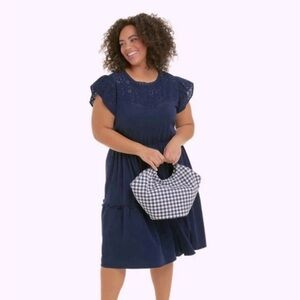 Draper James Navy Blue Eyelet Ruffle Sleeve and Hem Dress, Size Large
